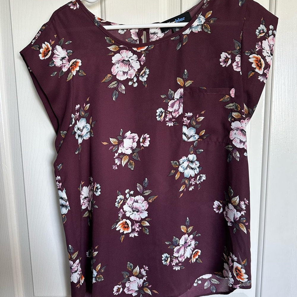 Alice Blue Floral Short Sleeve Blouse - Wine with Pink and Cream Blooms